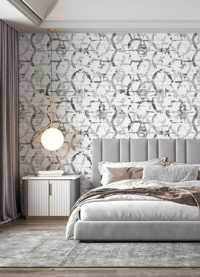 Hex-A-Gone Dove Grey Wall Mural with Modern Geometric Overlapping Shapes - A-Street Prints ASTM5039
