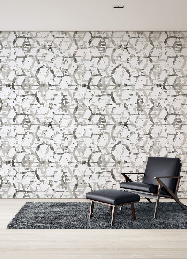 Hex-A-Gone Dove Grey Wall Mural with Modern Geometric Overlapping Shapes - A-Street Prints ASTM5039