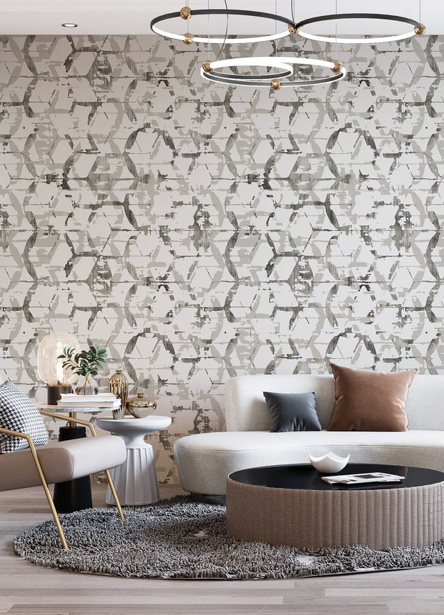 Hex-A-Gone Dove Grey Wall Mural with Modern Geometric Overlapping Shapes - A-Street Prints ASTM5039