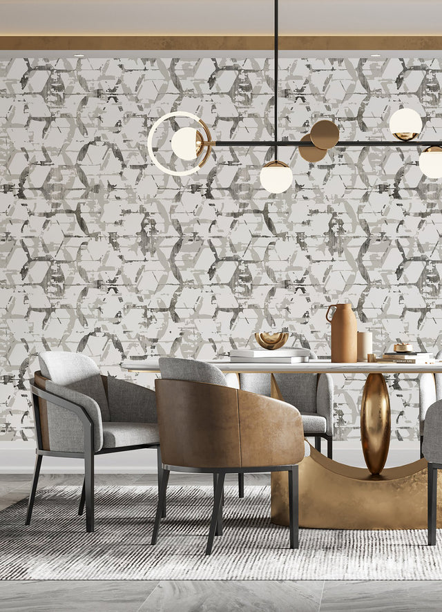 Hex-A-Gone Dove Grey Wall Mural with Modern Geometric Overlapping Shapes - A-Street Prints ASTM5039