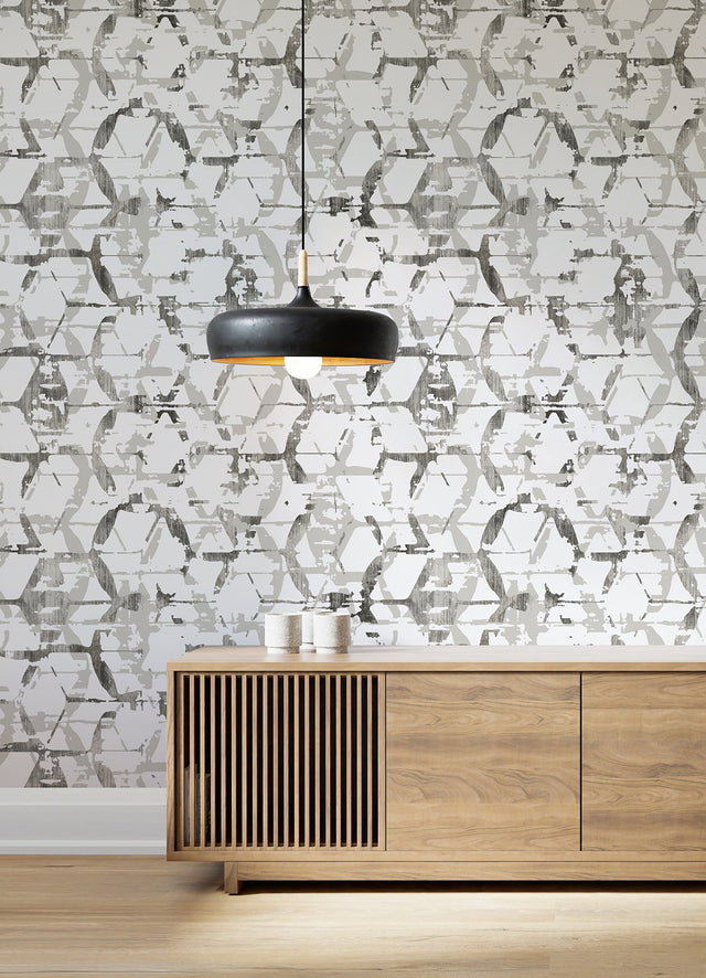 Hex-A-Gone Dove Grey Wall Mural with Modern Geometric Overlapping Shapes - A-Street Prints ASTM5039
