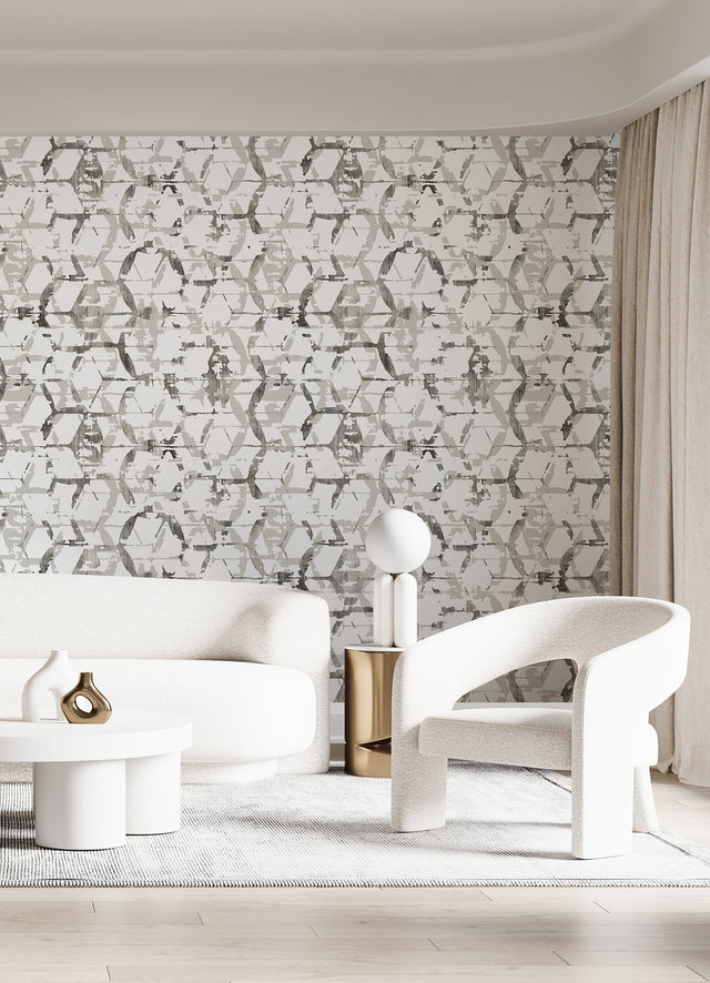 Hex-A-Gone Dove Grey Wall Mural with Modern Geometric Overlapping Shapes - A-Street Prints ASTM5039