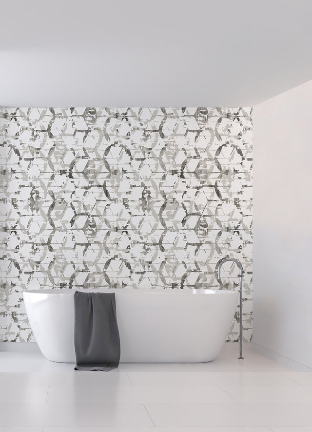 Hex-A-Gone Dove Grey Wall Mural with Modern Geometric Overlapping Shapes - A-Street Prints ASTM5039