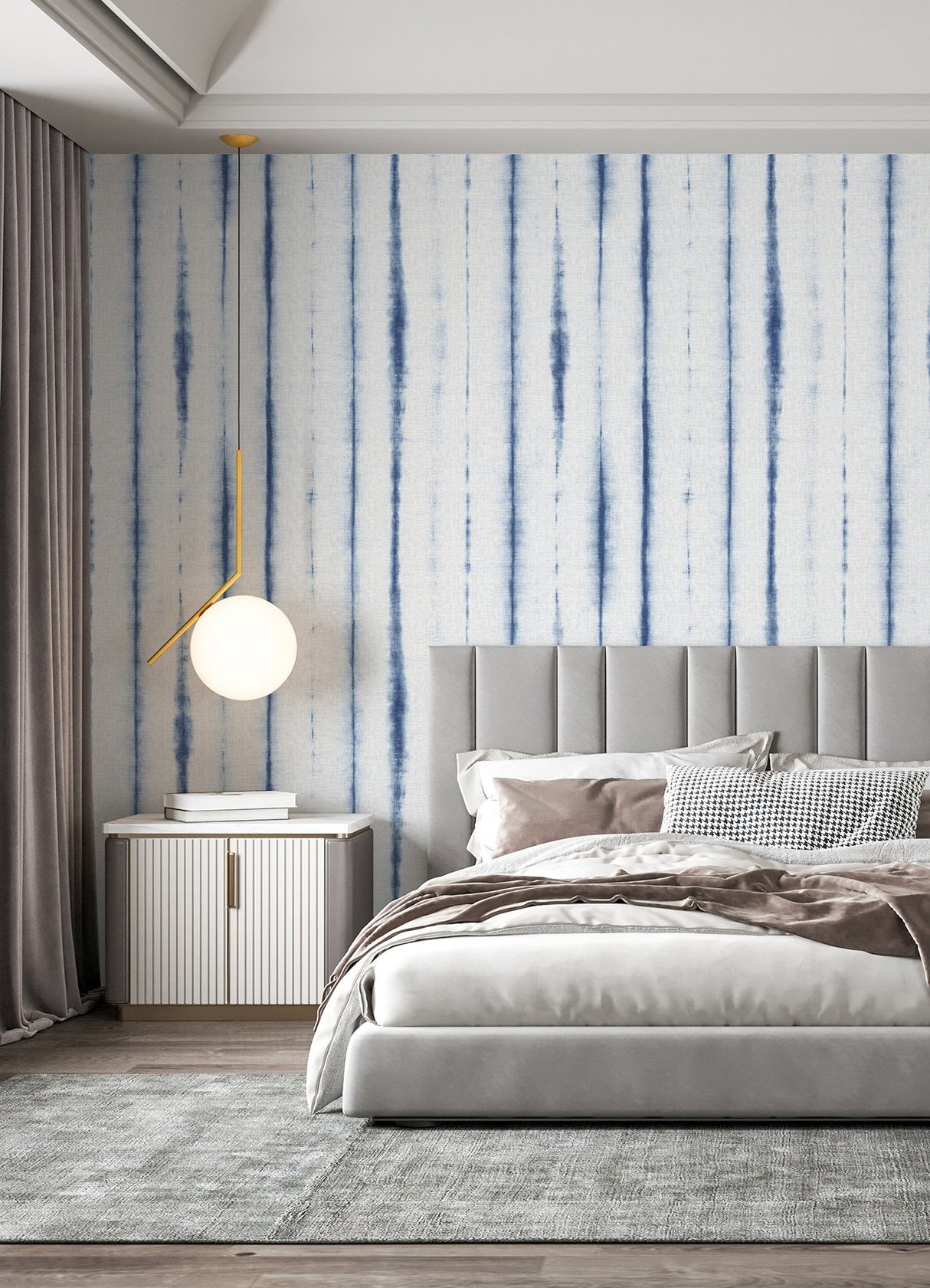 Hello Shibori Denim Blue Wall Mural with Bohemian Shibori Stripe on Faux Linen - A-Street Prints ASTM5040