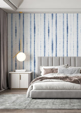 Hello Shibori Denim Blue Wall Mural with Bohemian Shibori Stripe on Faux Linen - A-Street Prints ASTM5040