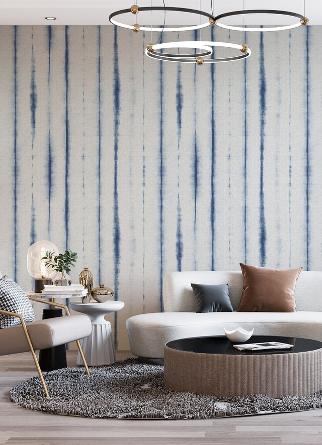 Hello Shibori Denim Blue Wall Mural with Bohemian Shibori Stripe on Faux Linen - A-Street Prints ASTM5040