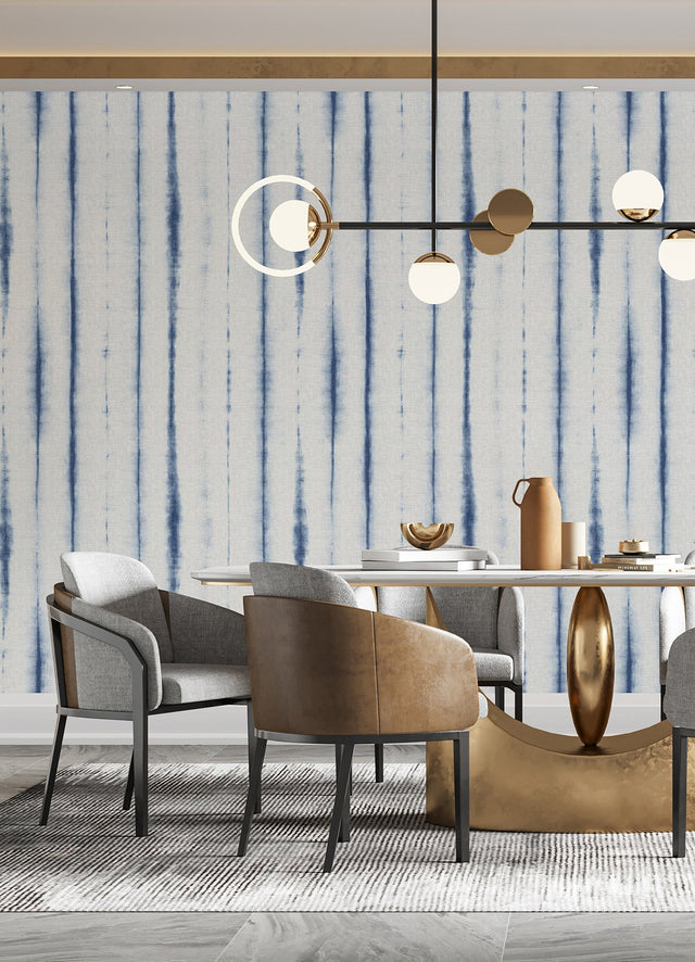 Hello Shibori Denim Blue Wall Mural with Bohemian Shibori Stripe on Faux Linen - A-Street Prints ASTM5040