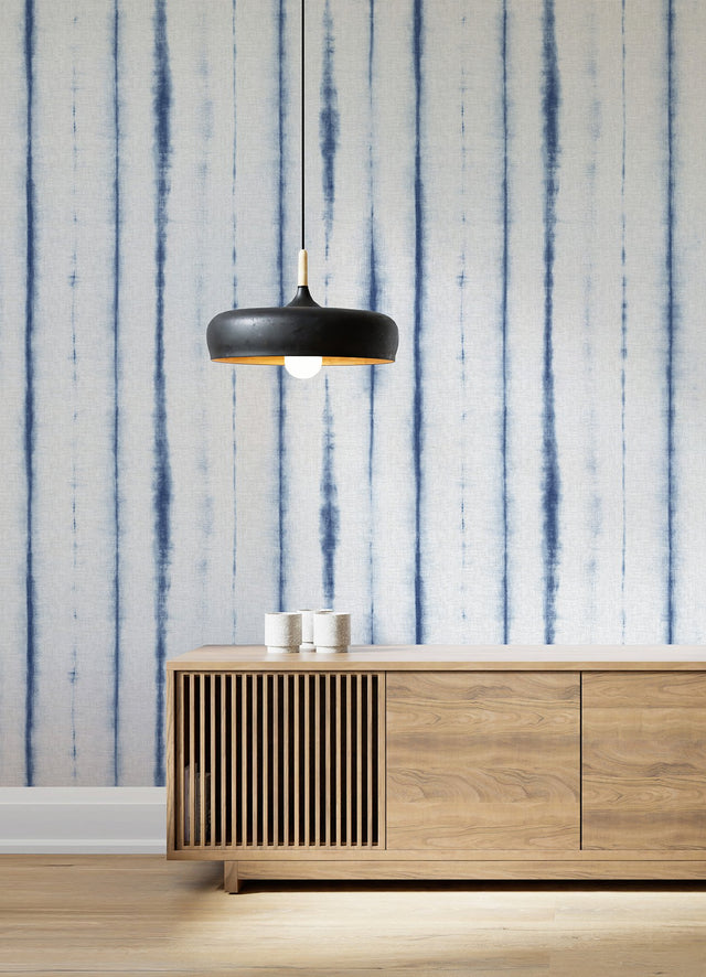 Hello Shibori Denim Blue Wall Mural with Bohemian Shibori Stripe on Faux Linen - A-Street Prints ASTM5040