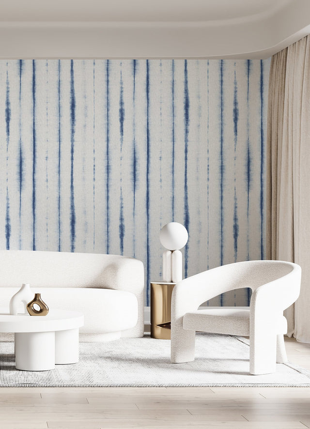 Hello Shibori Denim Blue Wall Mural with Bohemian Shibori Stripe on Faux Linen - A-Street Prints ASTM5040