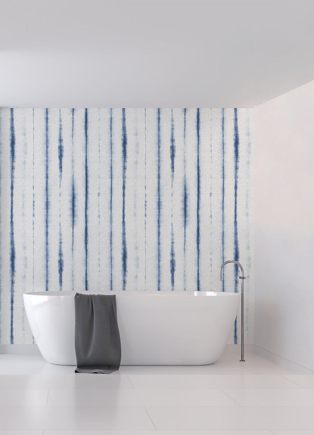 Hello Shibori Denim Blue Wall Mural with Bohemian Shibori Stripe on Faux Linen - A-Street Prints ASTM5040