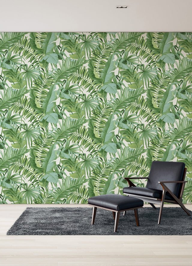 Tropical Palm Leaf Green Wall Mural with Lush Rainforest Leaves Pattern - A-Street Prints ASTM5047