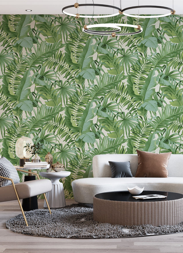 Tropical Palm Leaf Green Wall Mural with Lush Rainforest Leaves Pattern - A-Street Prints ASTM5047