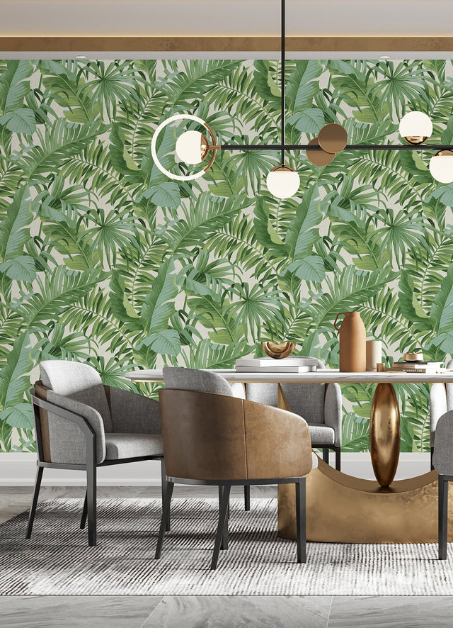Tropical Palm Leaf Green Wall Mural with Lush Rainforest Leaves Pattern - A-Street Prints ASTM5047