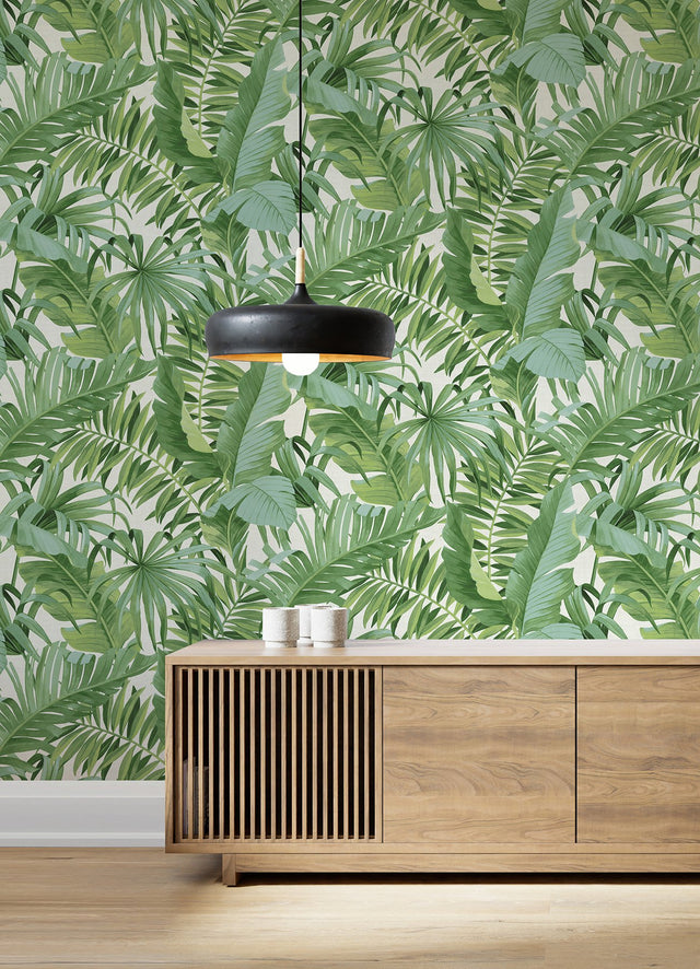 Tropical Palm Leaf Green Wall Mural with Lush Rainforest Leaves Pattern - A-Street Prints ASTM5047
