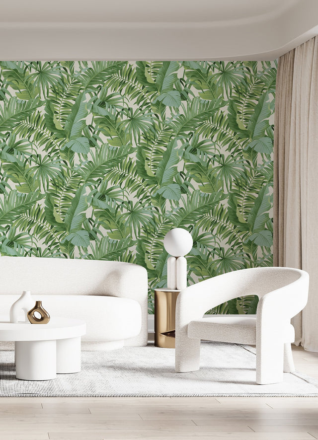 Tropical Palm Leaf Green Wall Mural with Lush Rainforest Leaves Pattern - A-Street Prints ASTM5047