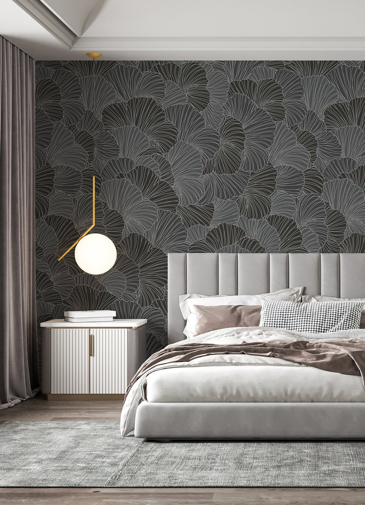 Petals Charcoal Grey Wall Mural with Modern Floral Overlapping Petals Pattern - A-Street Prints ASTM5050