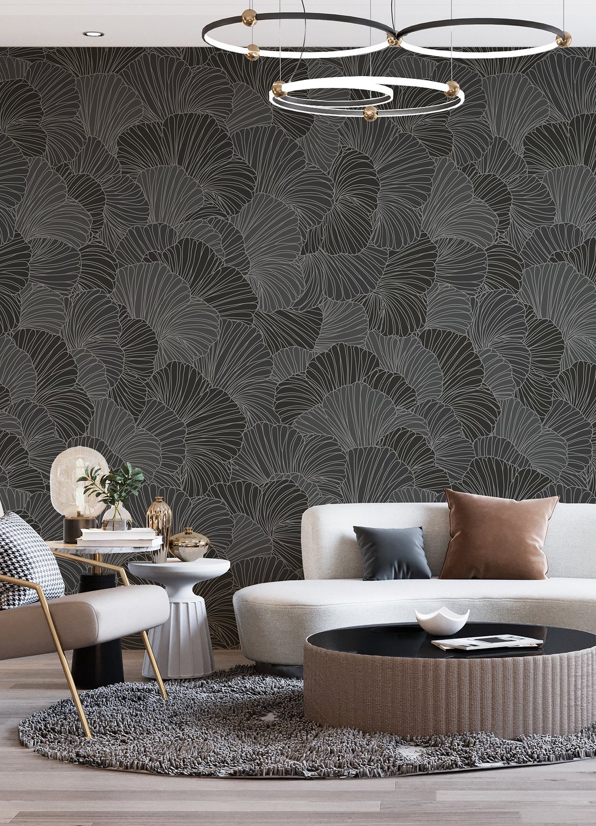 Petals Charcoal Grey Wall Mural with Modern Floral Overlapping Petals Pattern - A-Street Prints ASTM5050