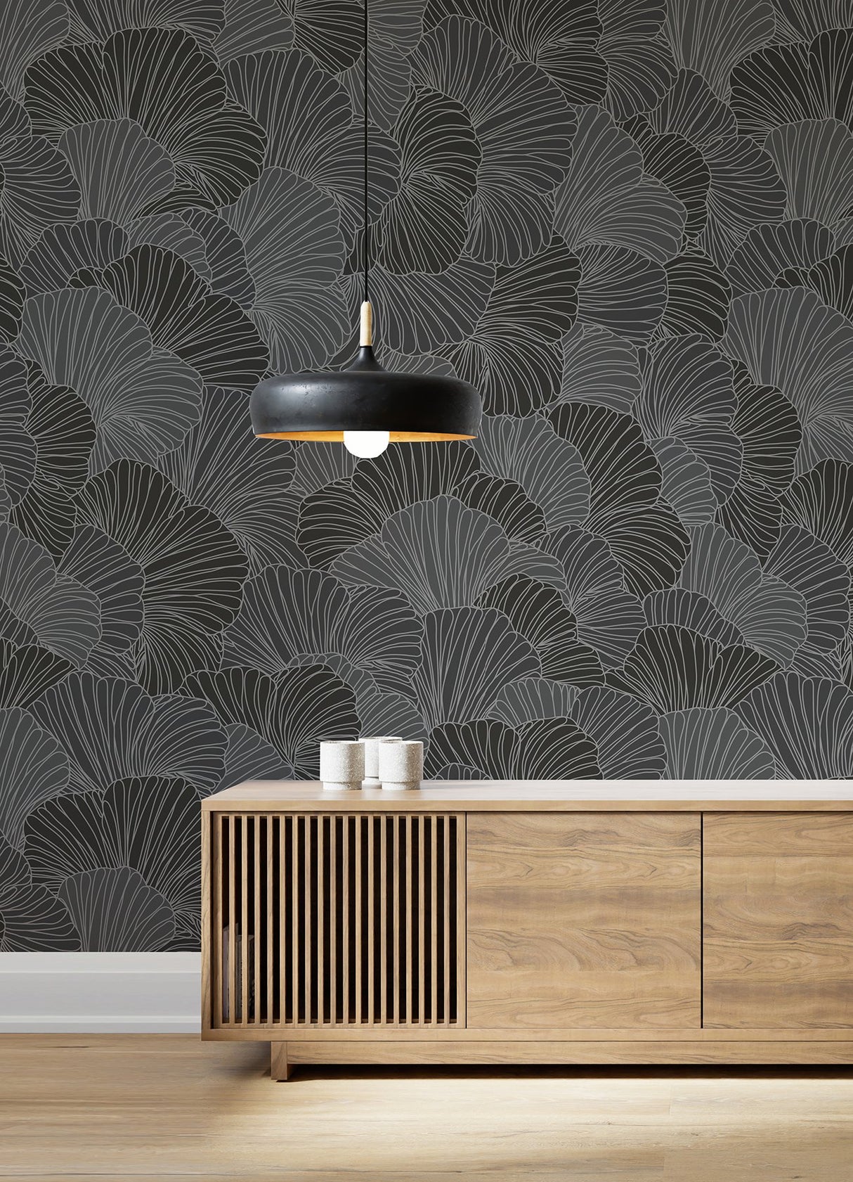 Petals Charcoal Grey Wall Mural with Modern Floral Overlapping Petals Pattern - A-Street Prints ASTM5050
