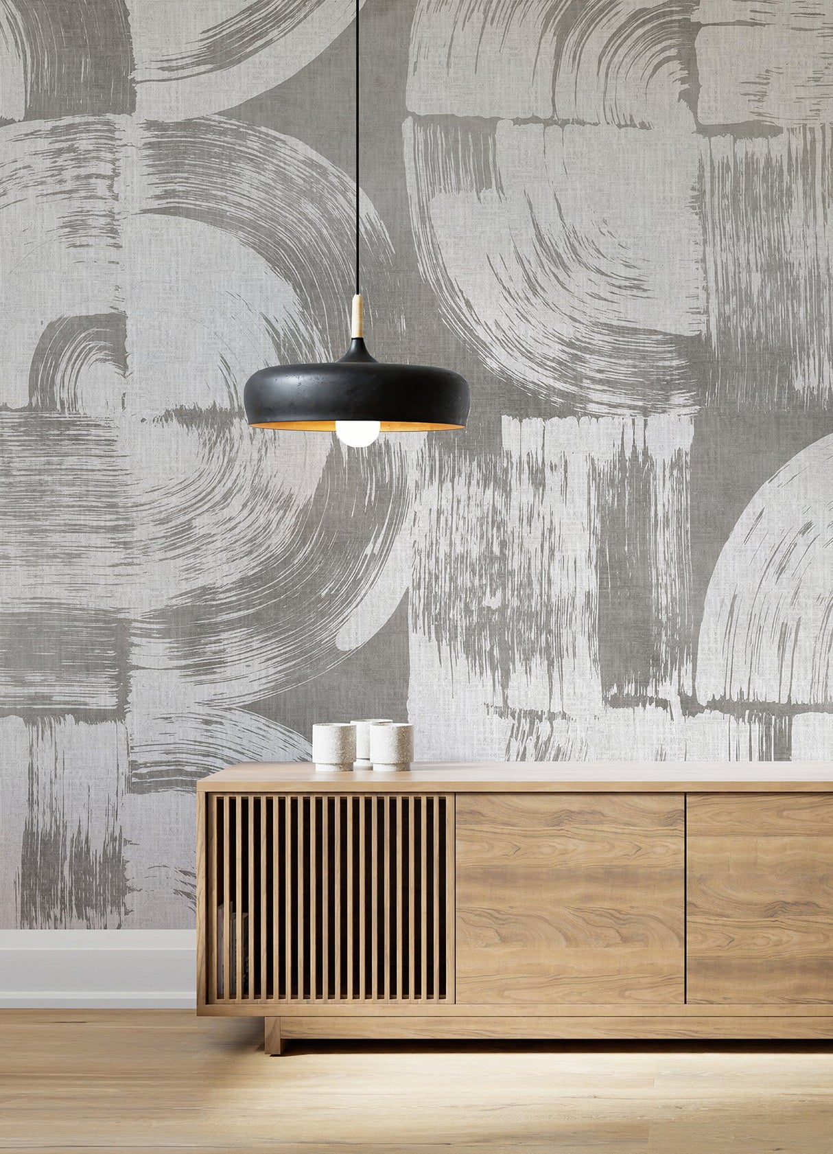 Brushstrokes Dove Grey Wall Mural with Painterly Geometric Swirls - A-Street Prints ASTM5051