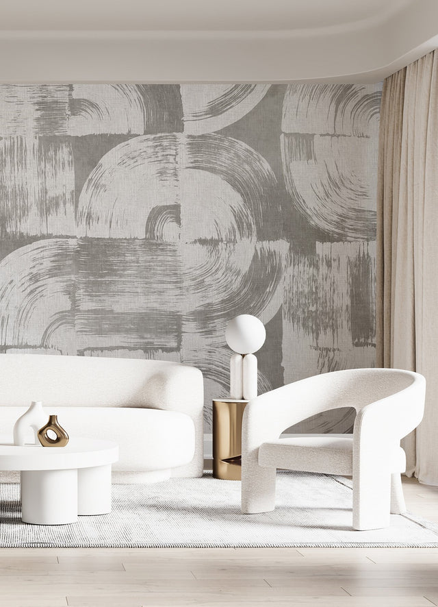 Brushstrokes Dove Grey Wall Mural with Painterly Geometric Swirls - A-Street Prints ASTM5051