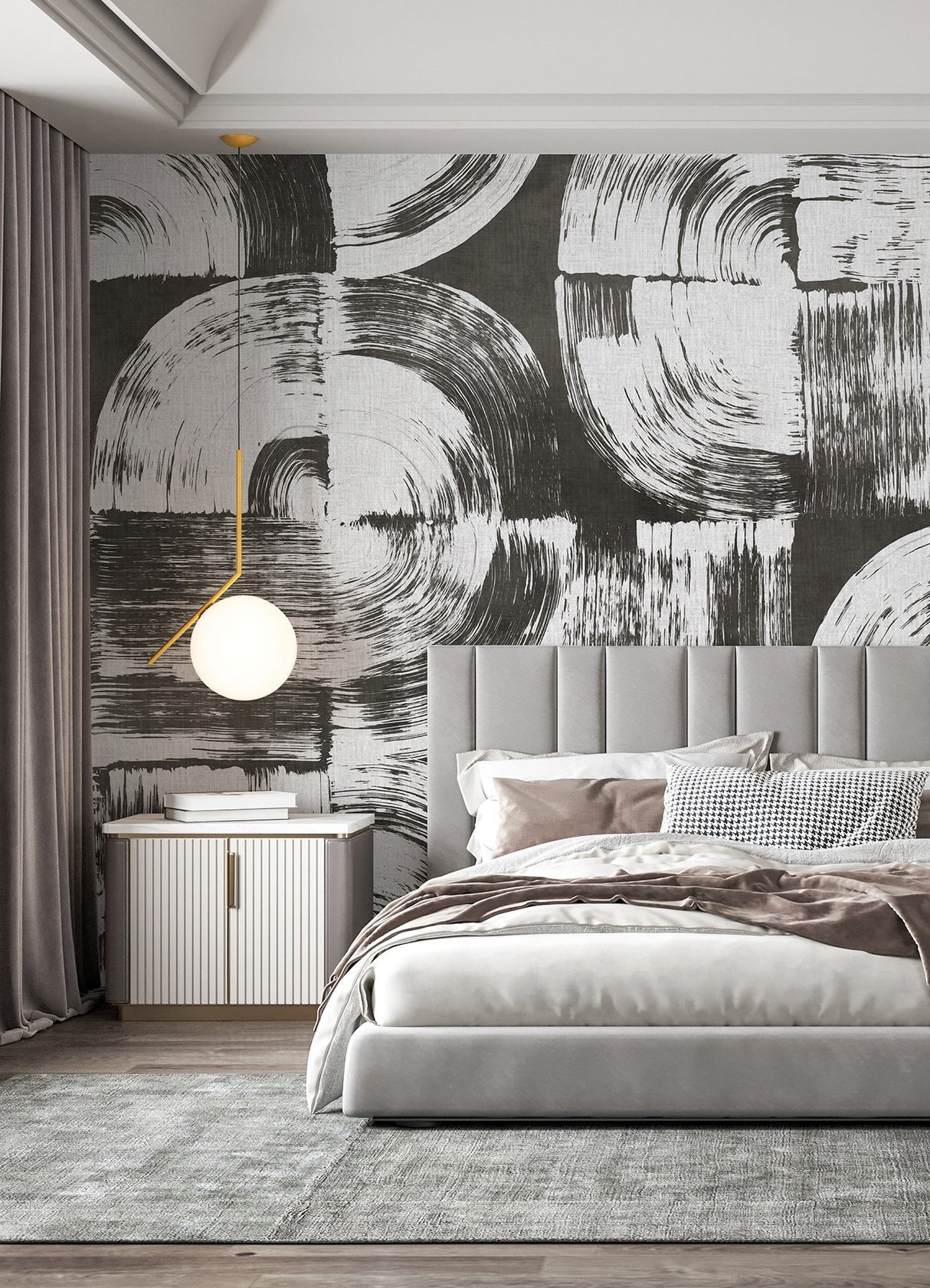 Brushstrokes Charcoal Grey Wall Mural with Geometric Painterly Swirls - ASTM5052