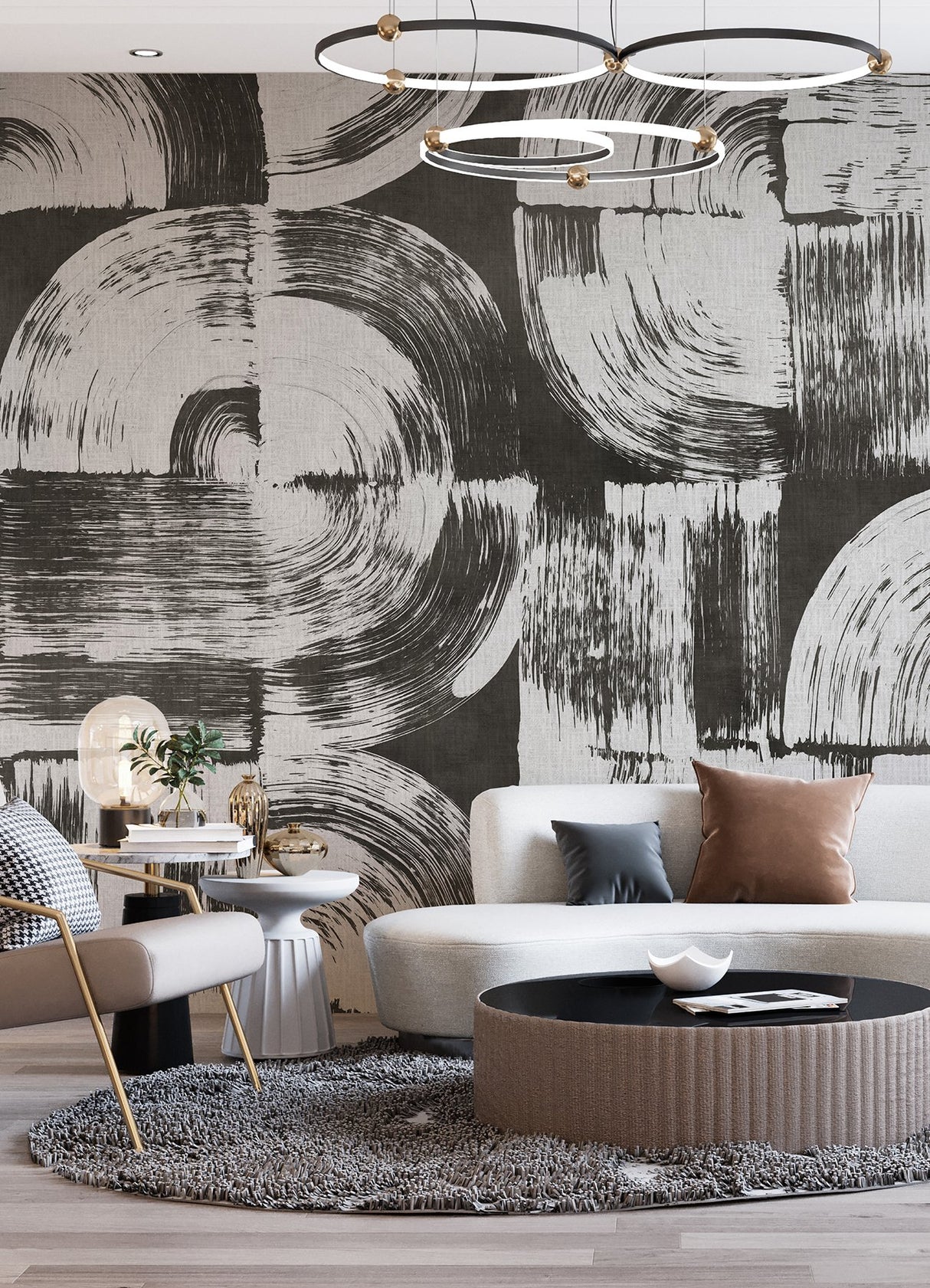 Brushstrokes Charcoal Grey Wall Mural with Geometric Painterly Swirls - ASTM5052