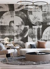 Brushstrokes Charcoal Grey Wall Mural with Geometric Painterly Swirls - ASTM5052