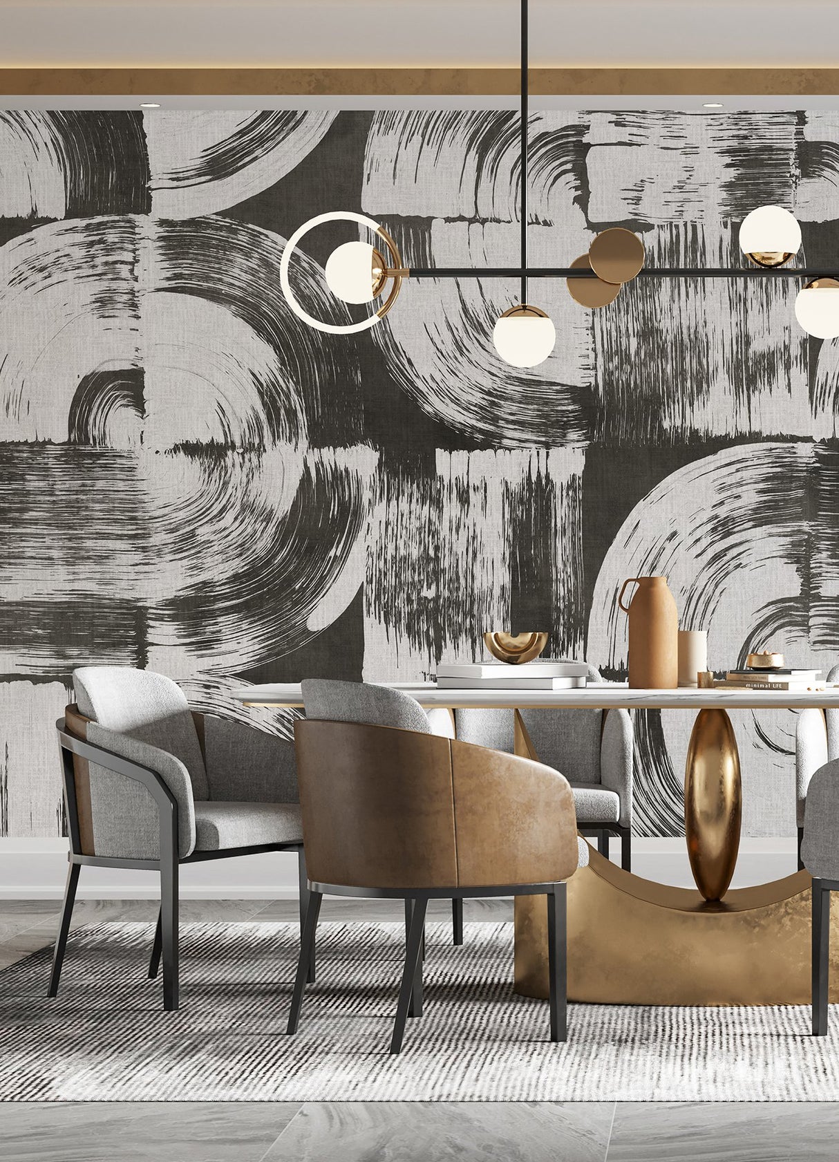 Brushstrokes Charcoal Grey Wall Mural with Geometric Painterly Swirls - ASTM5052