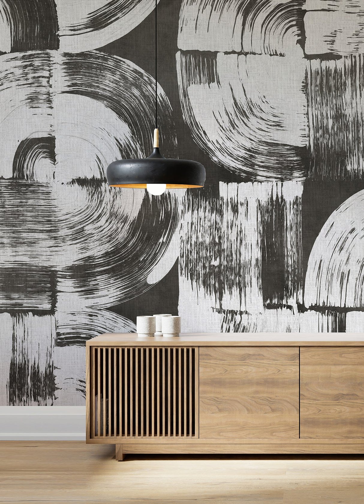 Brushstrokes Charcoal Grey Wall Mural with Geometric Painterly Swirls - ASTM5052