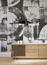 Brushstrokes Charcoal Grey Wall Mural with Geometric Painterly Swirls - ASTM5052