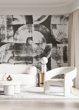 Brushstrokes Charcoal Grey Wall Mural with Geometric Painterly Swirls - ASTM5052