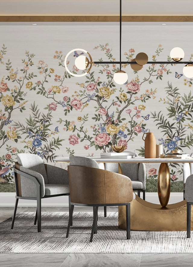Spring Chinoiserie Soft White Wall Mural with Nature Motif, Farmhouse Style - A-Street Prints ASTM5055