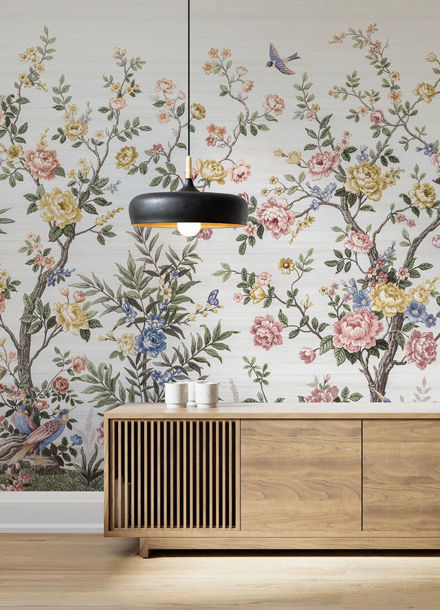 Spring Chinoiserie Soft White Wall Mural with Nature Motif, Farmhouse Style - A-Street Prints ASTM5055