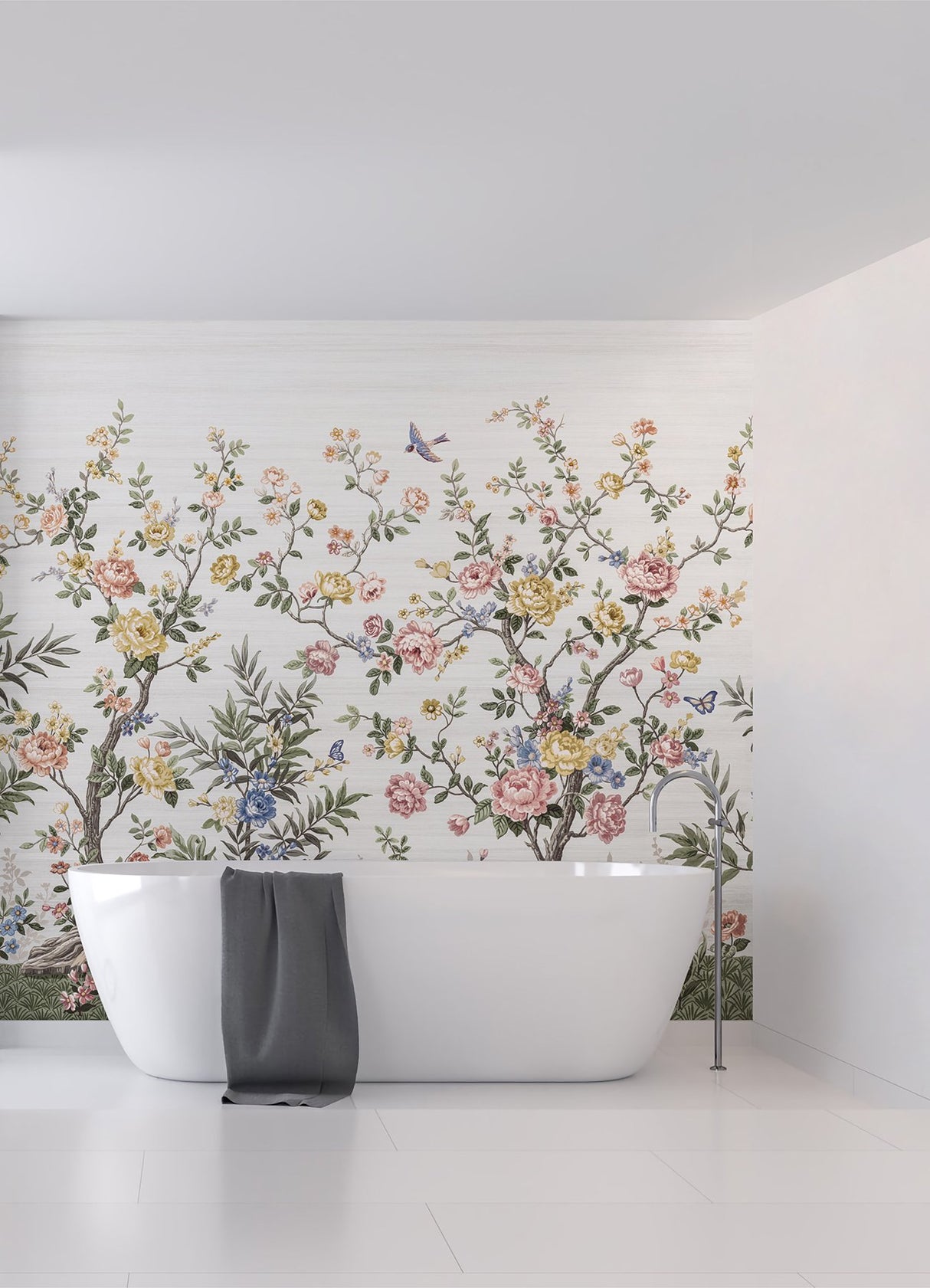 Spring Chinoiserie Soft White Wall Mural with Nature Motif, Farmhouse Style - A-Street Prints ASTM5055