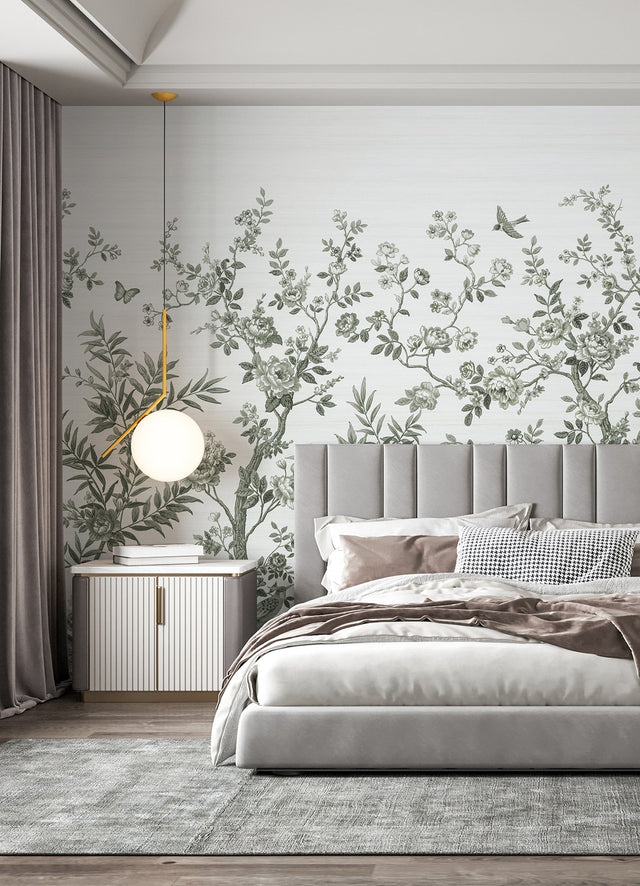Forest Chinoiserie Sage Green Wall Mural with Nature Chinoiserie Pattern - A?Street Prints ASTM5056