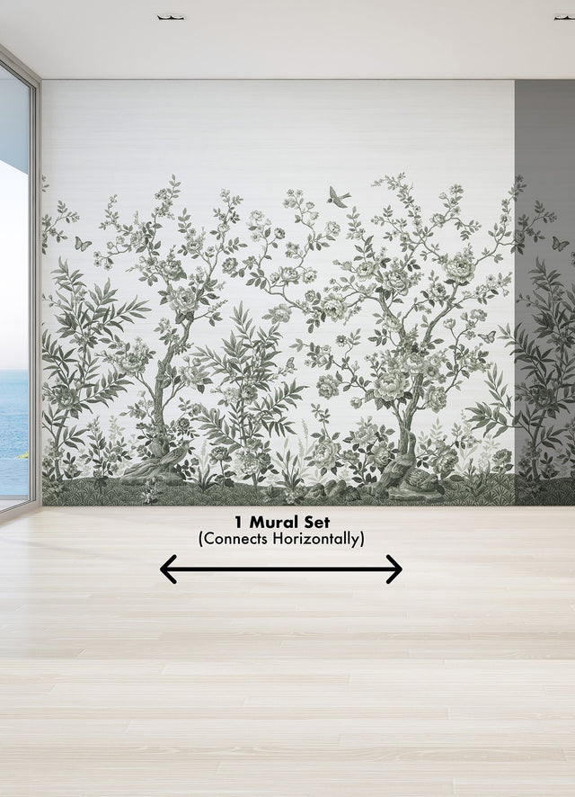 Forest Chinoiserie Sage Green Wall Mural with Nature Chinoiserie Pattern - A?Street Prints ASTM5056