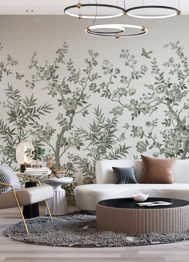 Forest Chinoiserie Sage Green Wall Mural with Nature Chinoiserie Pattern - A?Street Prints ASTM5056