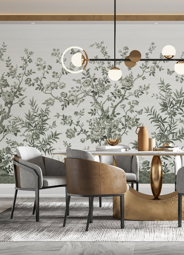 Forest Chinoiserie Sage Green Wall Mural with Nature Chinoiserie Pattern - A?Street Prints ASTM5056