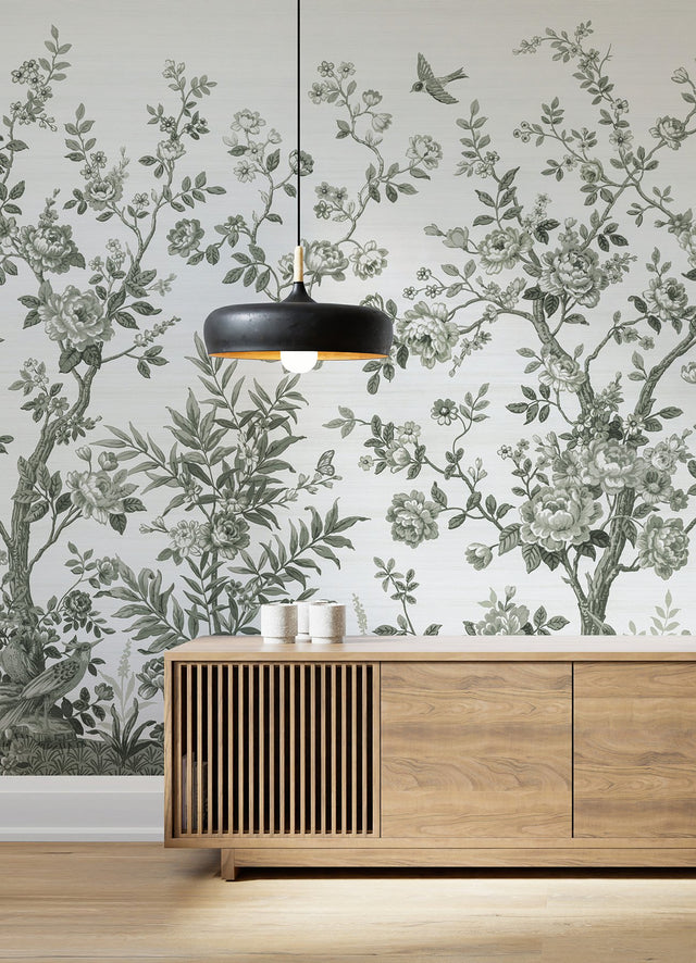 Forest Chinoiserie Sage Green Wall Mural with Nature Chinoiserie Pattern - A?Street Prints ASTM5056