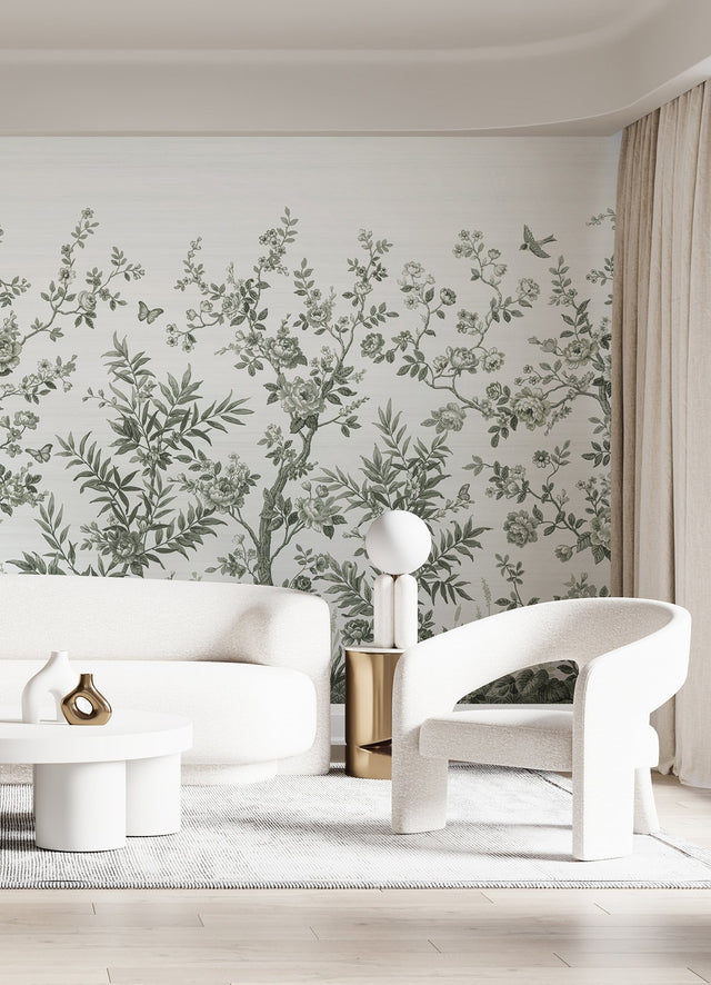 Forest Chinoiserie Sage Green Wall Mural with Nature Chinoiserie Pattern - A?Street Prints ASTM5056
