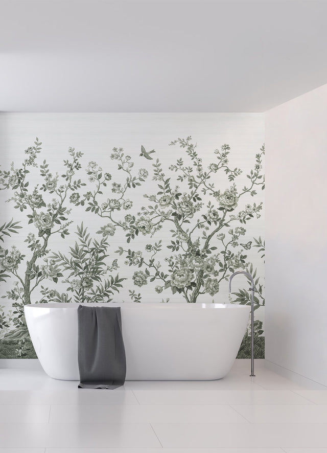 Forest Chinoiserie Sage Green Wall Mural with Nature Chinoiserie Pattern - A?Street Prints ASTM5056