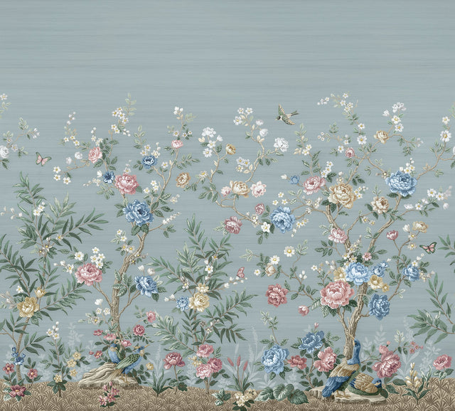 Winter Chinoiserie Robin's Egg Blue Wall Mural with Nature Chinoiserie Pattern, Farmhouse Style - A-Street Prints ASTM5057