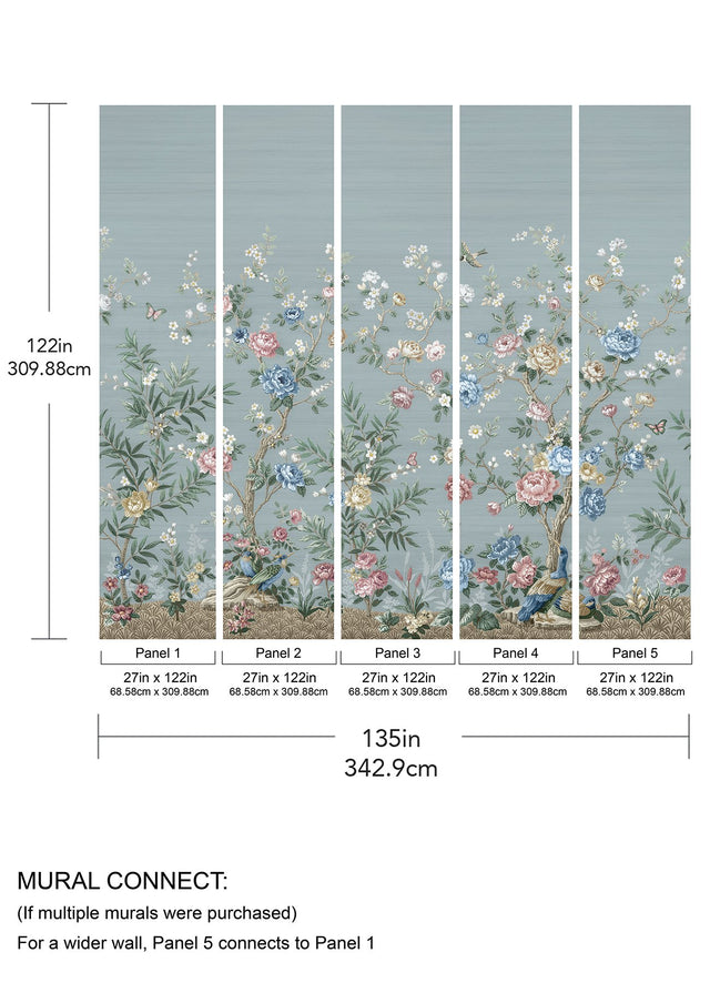 Winter Chinoiserie Robin's Egg Blue Wall Mural with Nature Chinoiserie Pattern, Farmhouse Style - A-Street Prints ASTM5057