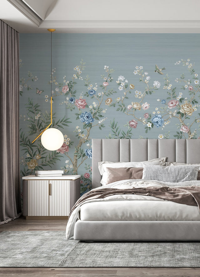Winter Chinoiserie Robin's Egg Blue Wall Mural with Nature Chinoiserie Pattern, Farmhouse Style - A-Street Prints ASTM5057
