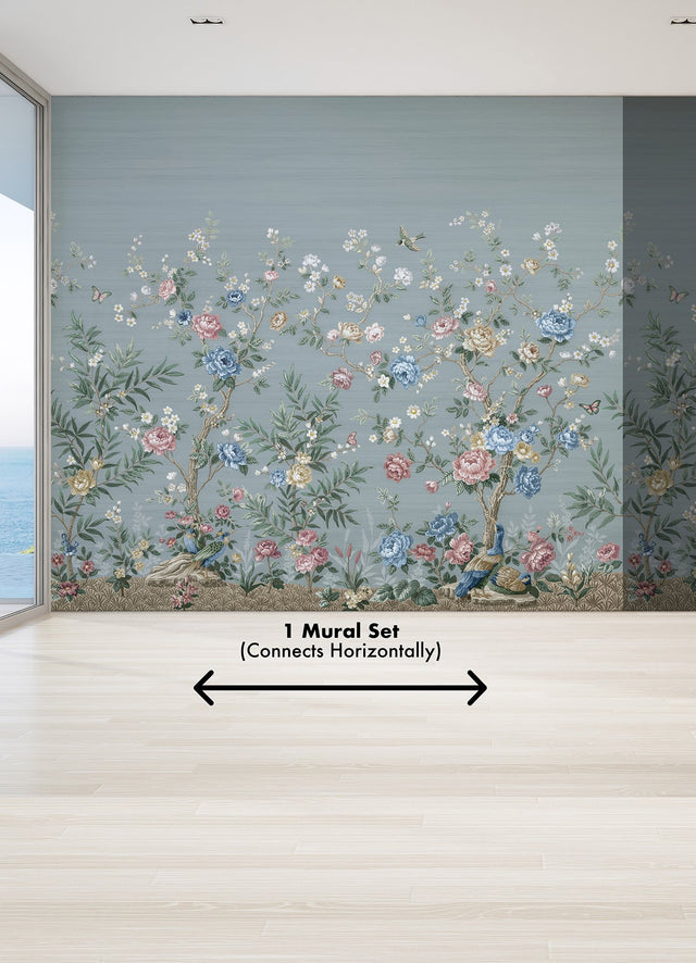 Winter Chinoiserie Robin's Egg Blue Wall Mural with Nature Chinoiserie Pattern, Farmhouse Style - A-Street Prints ASTM5057
