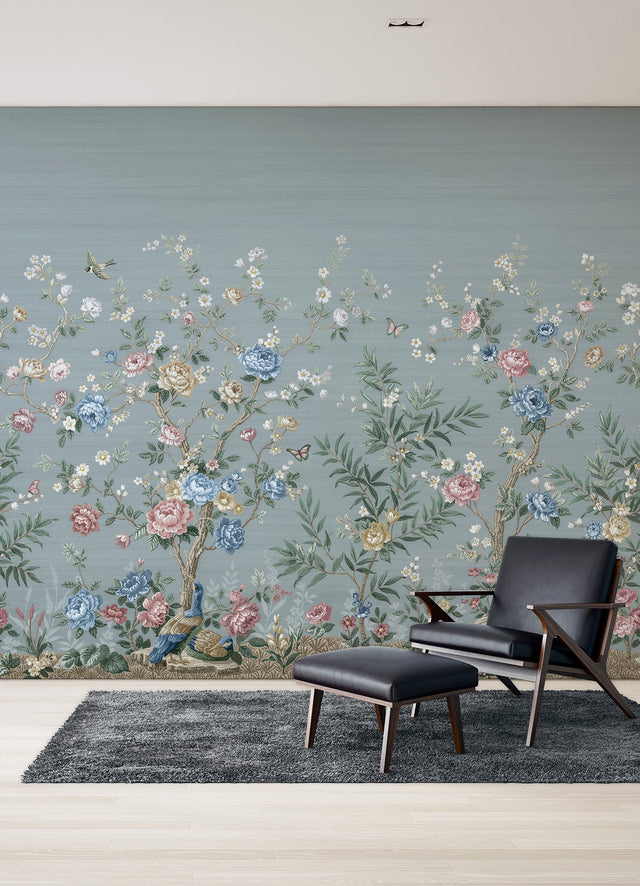 Winter Chinoiserie Robin's Egg Blue Wall Mural with Nature Chinoiserie Pattern, Farmhouse Style - A-Street Prints ASTM5057