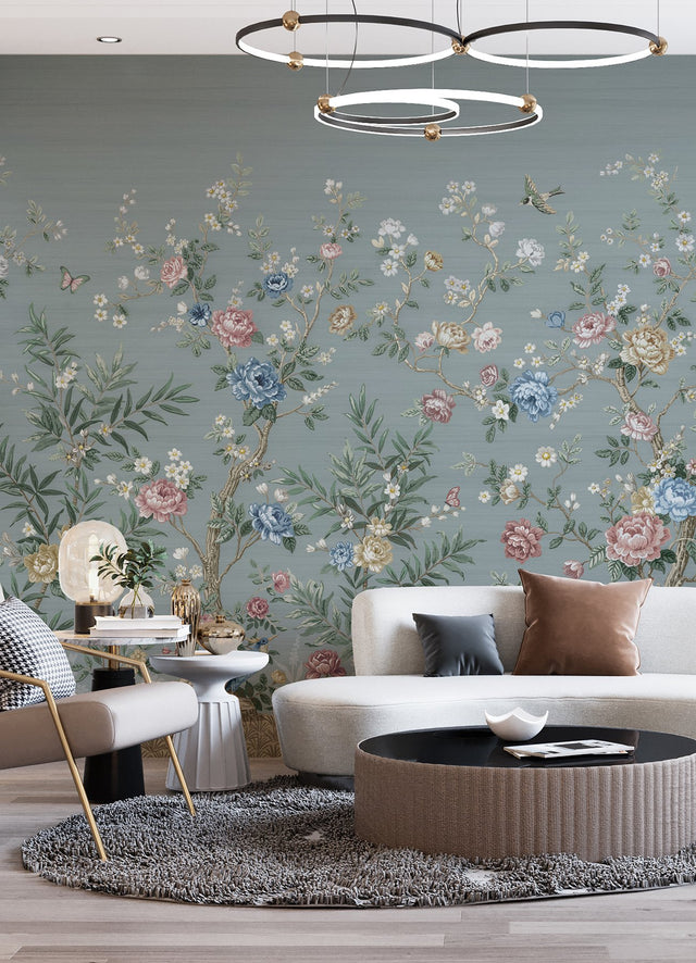 Winter Chinoiserie Robin's Egg Blue Wall Mural with Nature Chinoiserie Pattern, Farmhouse Style - A-Street Prints ASTM5057
