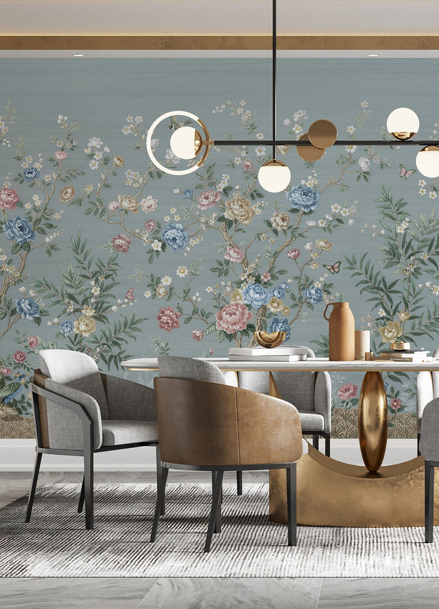 Winter Chinoiserie Robin's Egg Blue Wall Mural with Nature Chinoiserie Pattern, Farmhouse Style - A-Street Prints ASTM5057