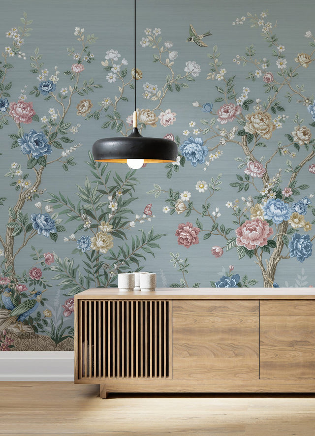 Winter Chinoiserie Robin's Egg Blue Wall Mural with Nature Chinoiserie Pattern, Farmhouse Style - A-Street Prints ASTM5057