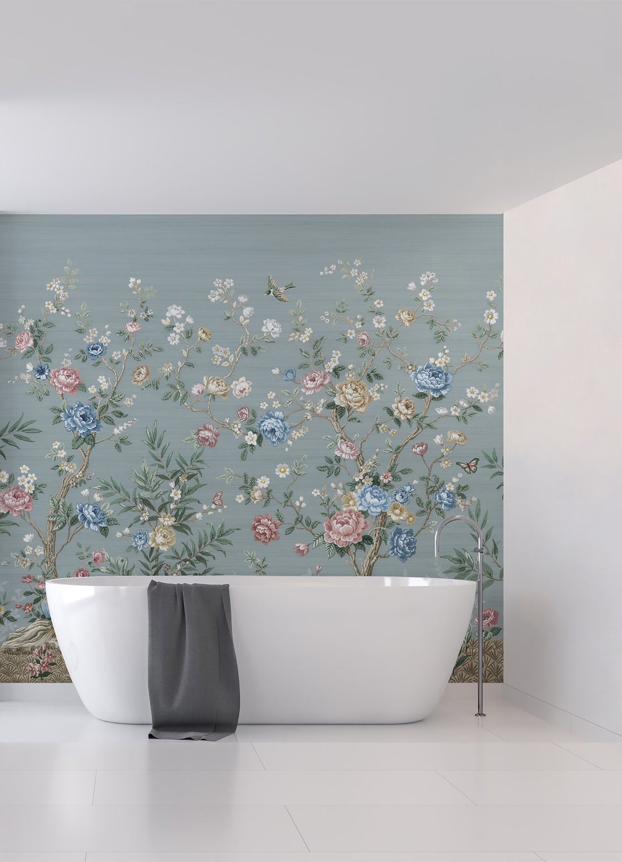 Winter Chinoiserie Robin's Egg Blue Wall Mural with Nature Chinoiserie Pattern, Farmhouse Style - A-Street Prints ASTM5057